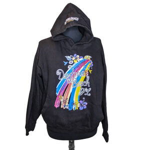 ESY Surf Co Daytona Beach Hooded Sweatshirt Black Rainbow Floral Florida Size L